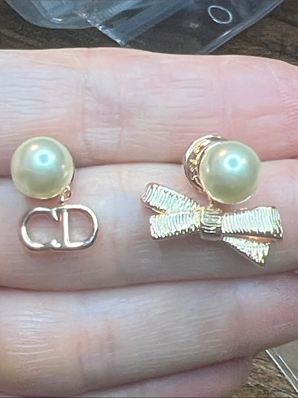 Pearl Stud Earrings with Rose Gold Bow Accent - White Pearl